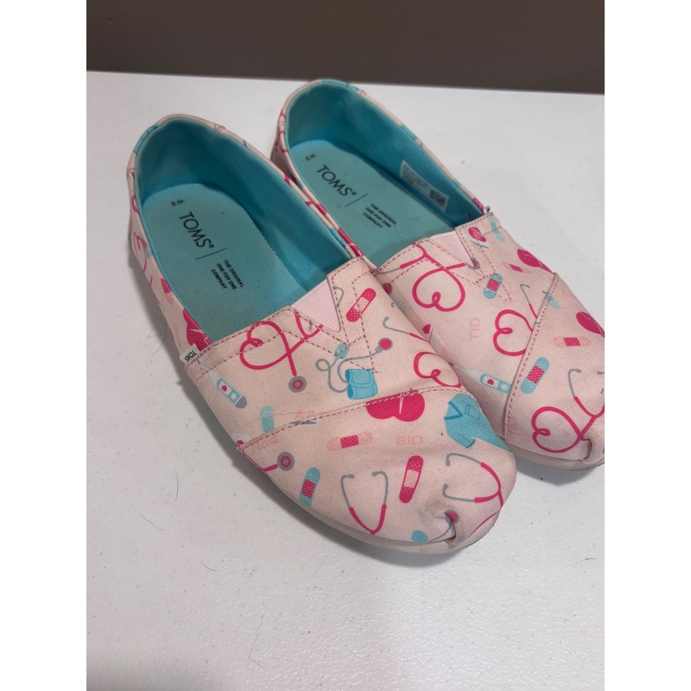 TOMS Alpargata Pink Medical Nurse Stethoscope Print Slip On Flats Womens Size 9